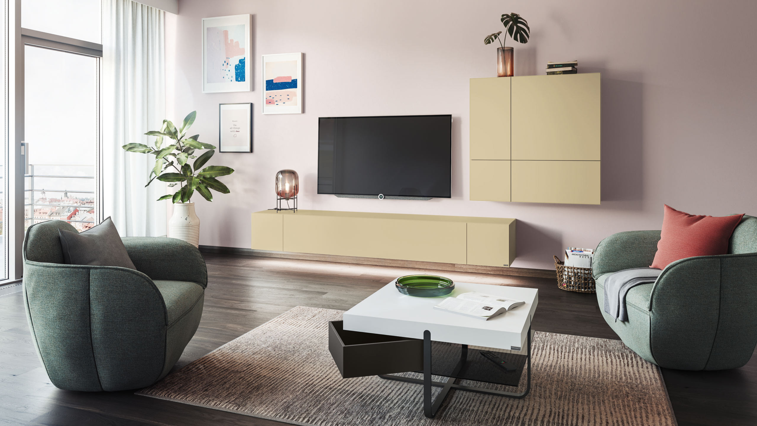 hülsta neo wohnzimmer mit tv möbel in matt sand farben und zwei dunkelgrüne sessel in runder form