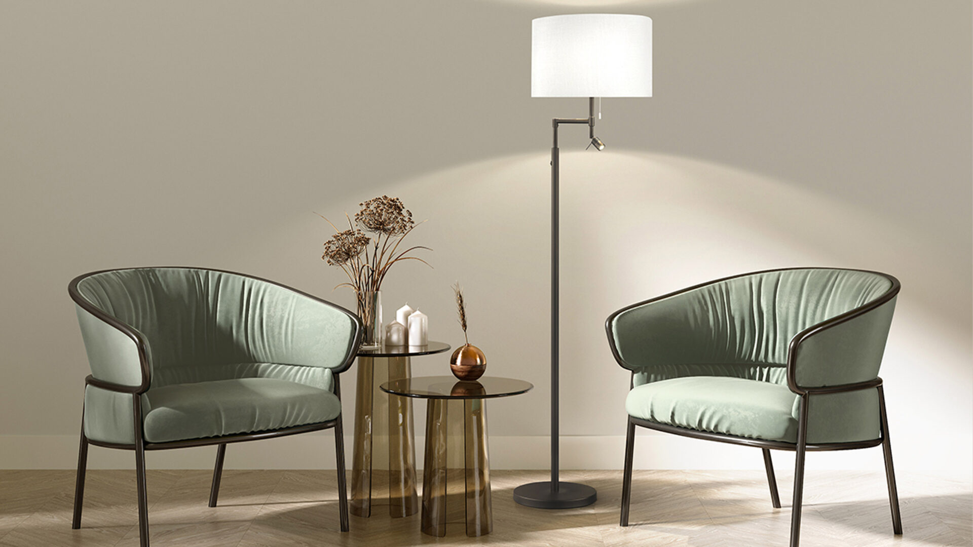 fischer & honsel teramo stehlampe zwischen zwei sesseln