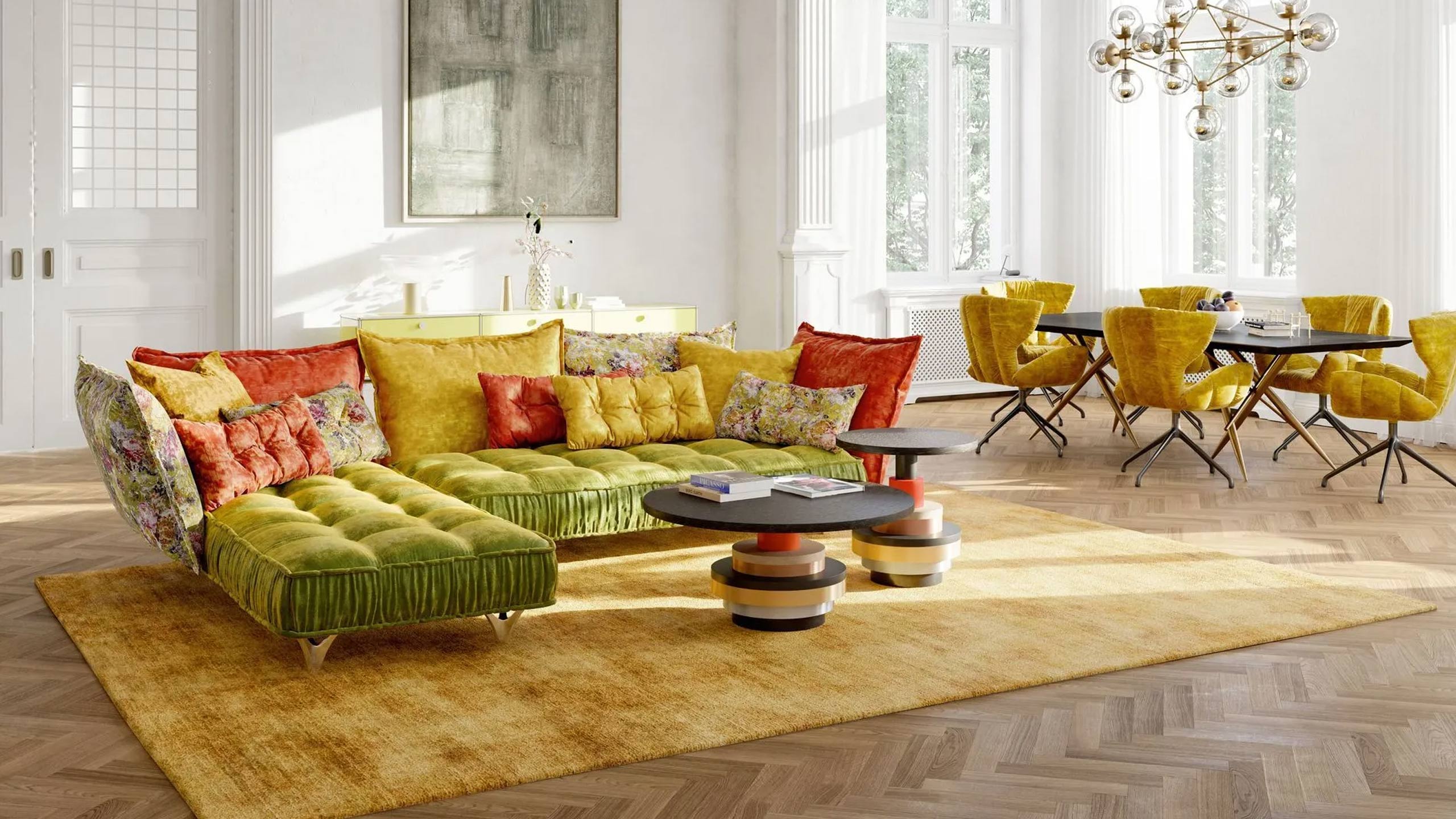 bretz ohlinda möbel in grün gelb in einem glamourösen ess-wohnzimmer