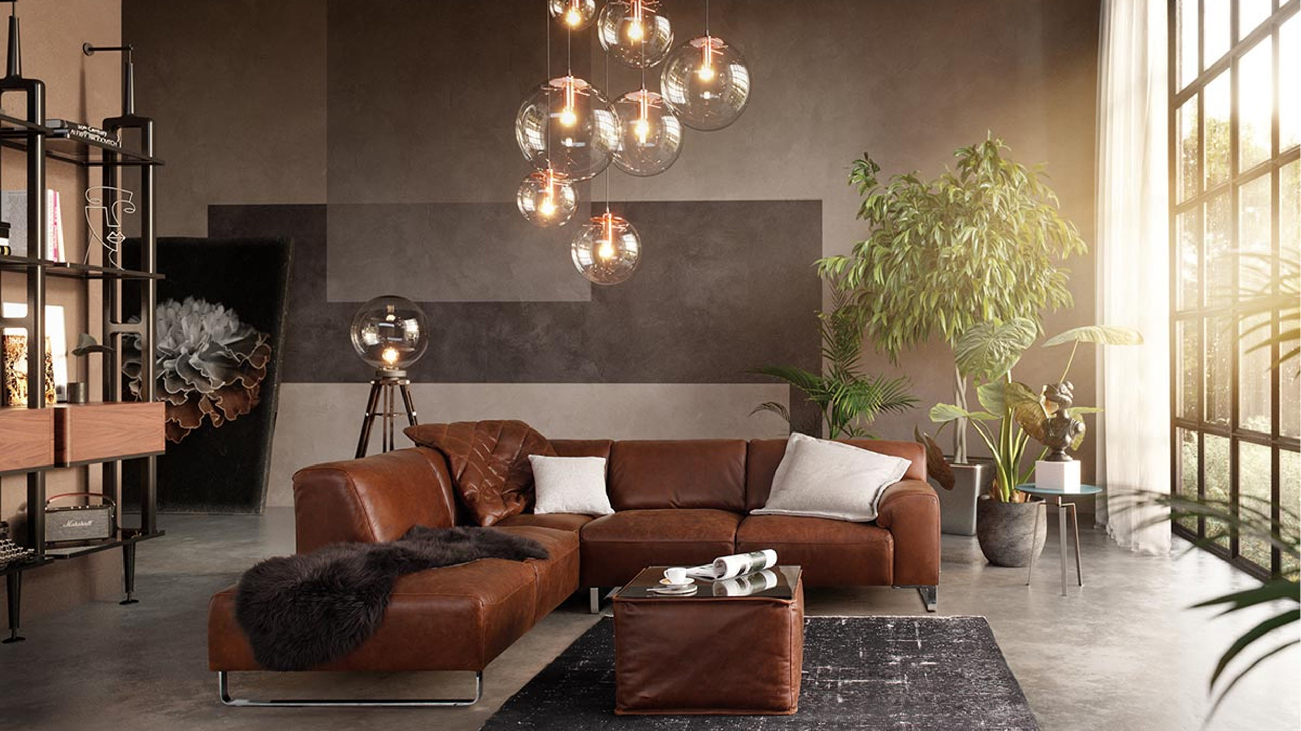willi schillig sofa alessiio in braun in einem modernen wohnzimmer mit großen pflanzen