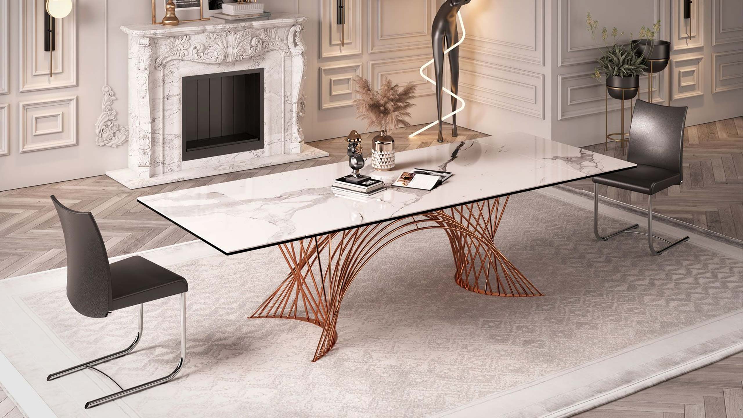 naos latour esstisch aus metall und glas in einem eleganten esszimmer mit kamin