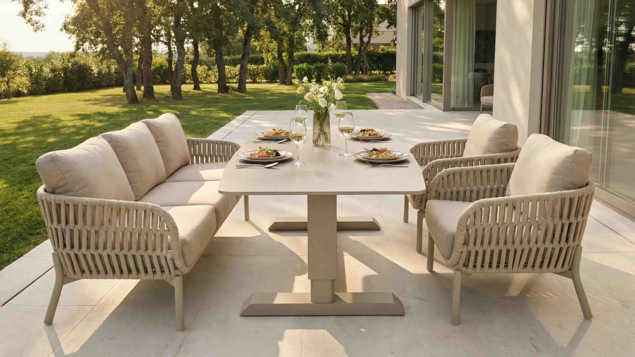 Beigefarbene Loungegruppe mit Stühlen und Tisch