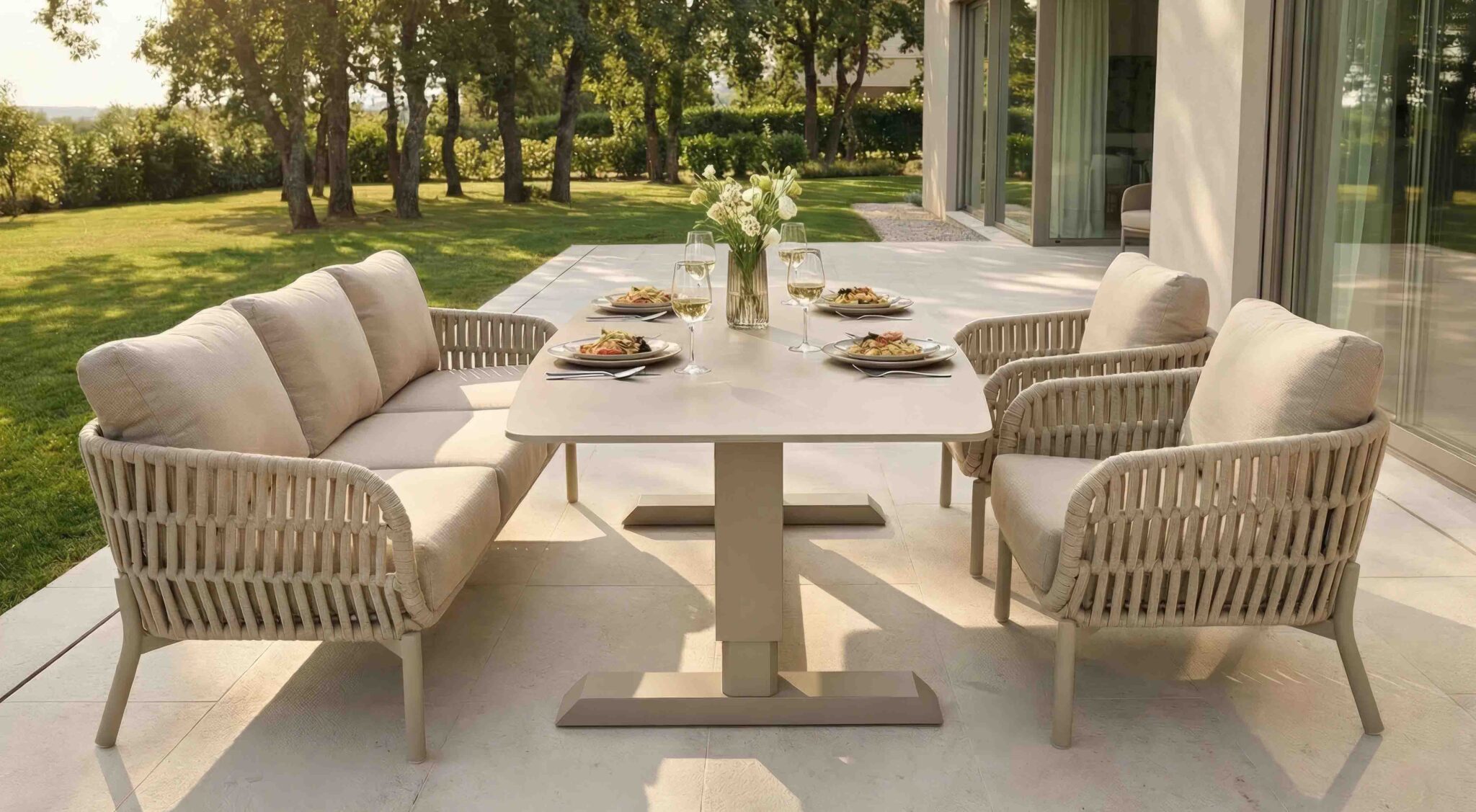 Beigefarbene Loungegruppe mit Stühlen und Tisch